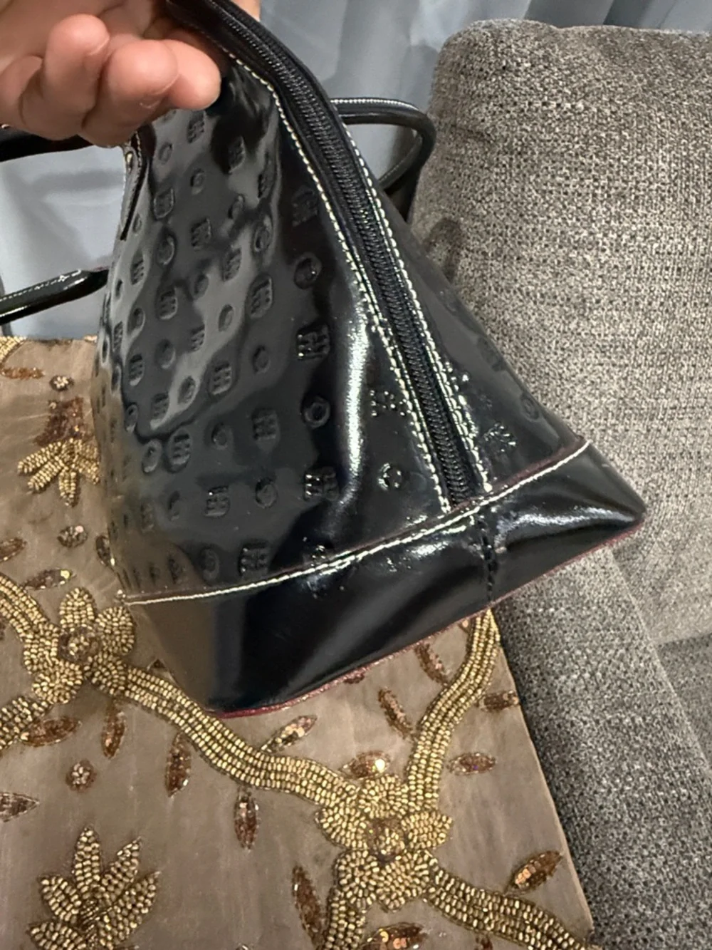 Arcadia Black Patent Leather Tote with Subtle Red Trim